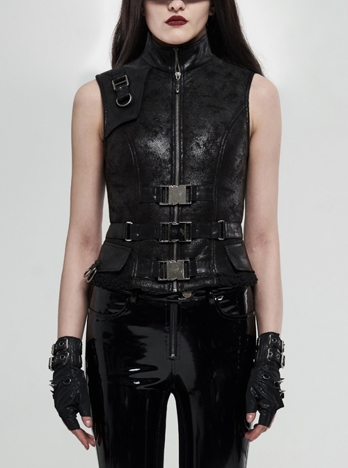 High Collar Metal Buckle Strap Back Waist Lace-Up Black Punk Crack Fur Integrated Waistcoat