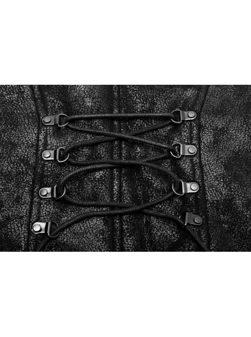 High Collar Metal Buckle Strap Back Waist Lace-Up Black Punk Crack Fur Integrated Waistcoat