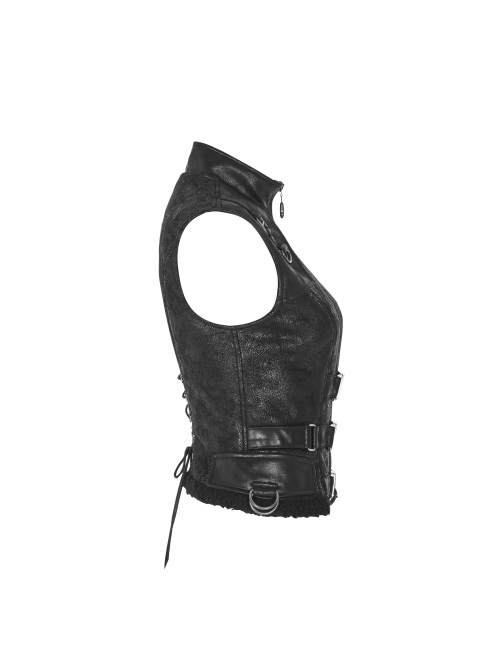 High Collar Metal Buckle Strap Back Waist Lace-Up Black Punk Crack Fur Integrated Waistcoat