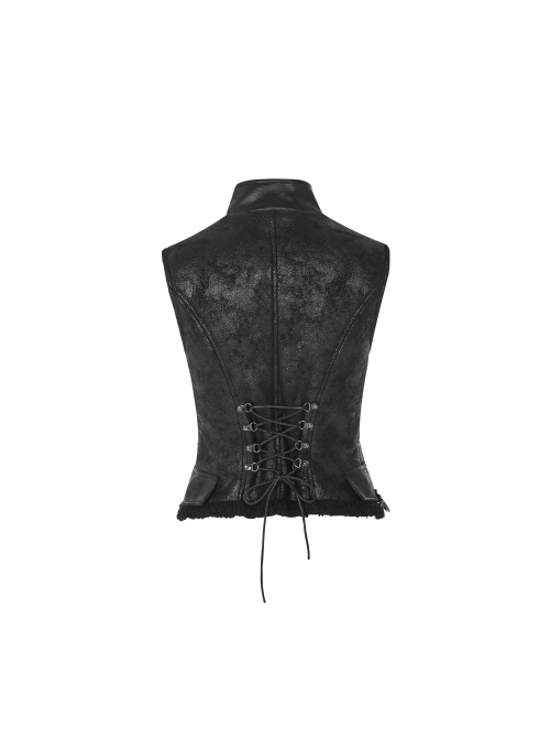 High Collar Metal Buckle Strap Back Waist Lace-Up Black Punk Crack Fur Integrated Waistcoat