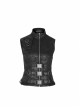 High Collar Metal Buckle Strap Back Waist Lace-Up Black Punk Crack Fur Integrated Waistcoat