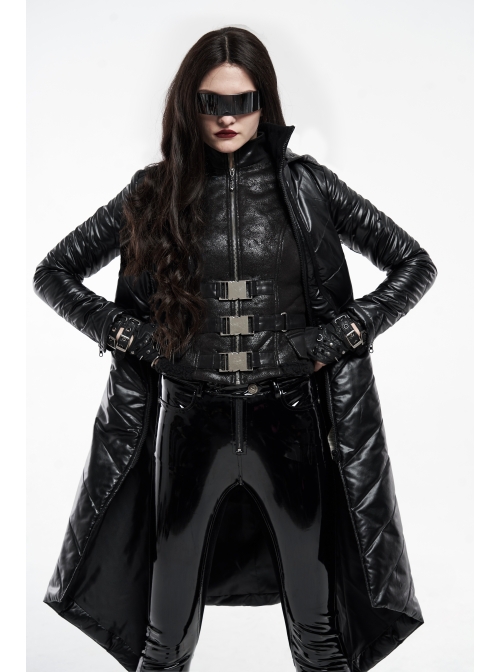 High Collar Metal Buckle Strap Back Waist Lace-Up Black Punk Crack Fur Integrated Waistcoat