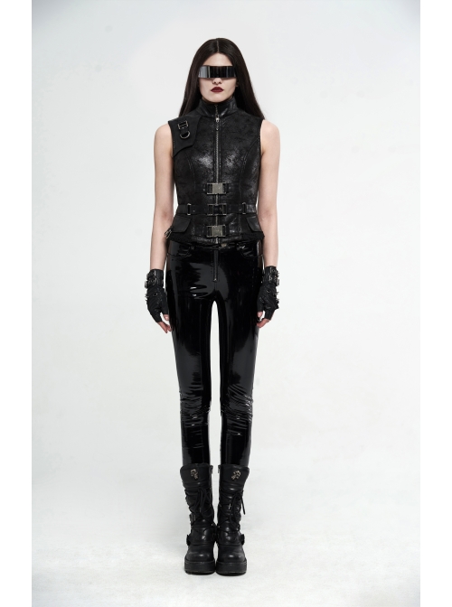 High Collar Metal Buckle Strap Back Waist Lace-Up Black Punk Crack Fur Integrated Waistcoat