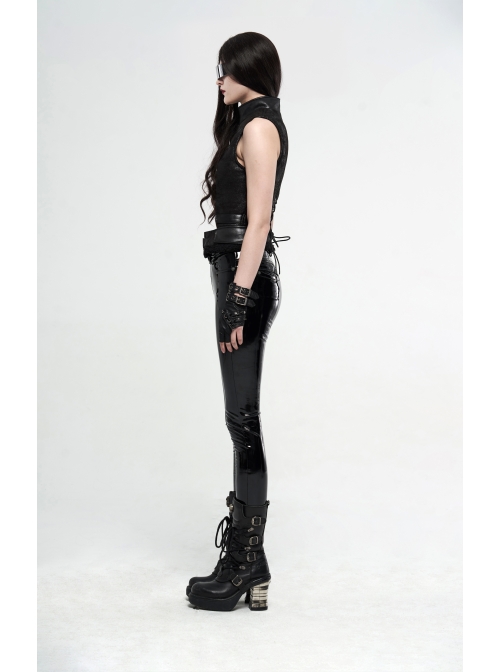 High Collar Metal Buckle Strap Back Waist Lace-Up Black Punk Crack Fur Integrated Waistcoat