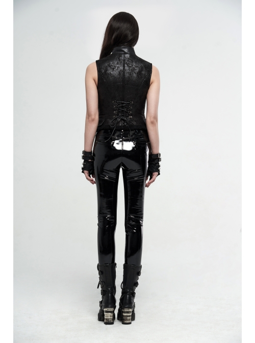 High Collar Metal Buckle Strap Back Waist Lace-Up Black Punk Crack Fur Integrated Waistcoat