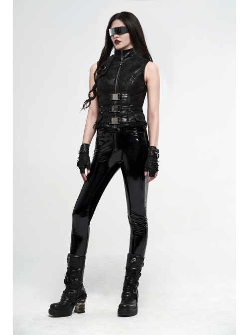 High Collar Metal Buckle Strap Back Waist Lace-Up Black Punk Crack Fur Integrated Waistcoat