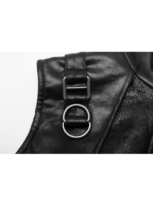 High Collar Metal Buckle Strap Back Waist Lace-Up Black Punk Crack Fur Integrated Waistcoat
