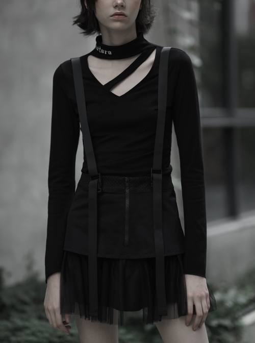 Steam Punk Female Black Casual Mesh Stitching Braces Skirt