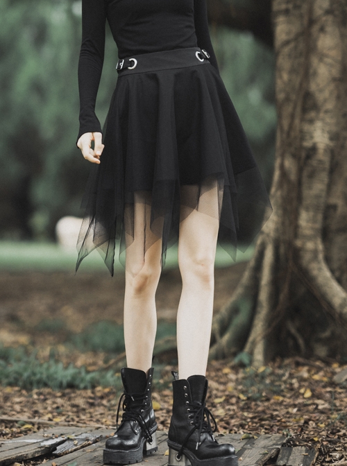 Steam Punk Female Causal Mesh Metal Buckle Irregular Hem Skirt