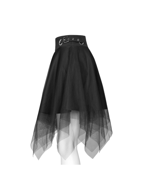 Steam Punk Female Causal Mesh Metal Buckle Irregular Hem Skirt