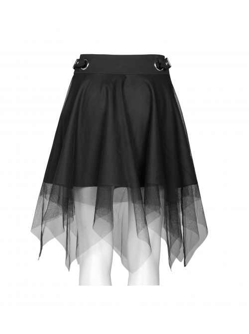 Steam Punk Female Causal Mesh Metal Buckle Irregular Hem Skirt