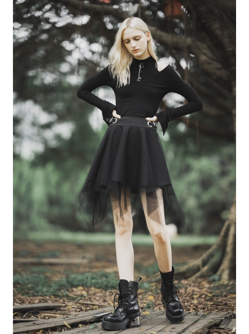 Steam Punk Female Causal Mesh Metal Buckle Irregular Hem Skirt
