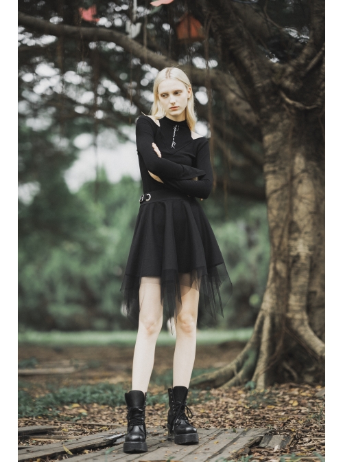 Steam Punk Female Causal Mesh Metal Buckle Irregular Hem Skirt