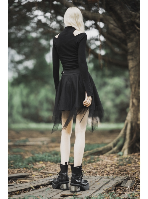 Steam Punk Female Causal Mesh Metal Buckle Irregular Hem Skirt