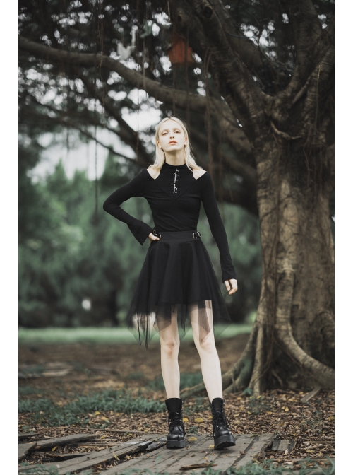 Steam Punk Female Causal Mesh Metal Buckle Irregular Hem Skirt