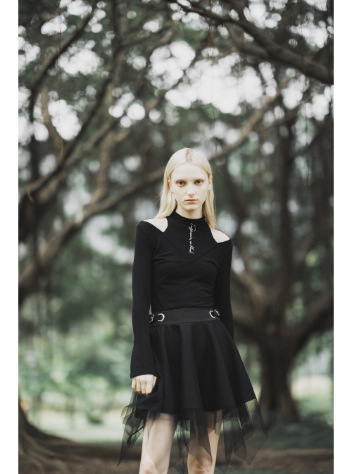 Steam Punk Female Causal Mesh Metal Buckle Irregular Hem Skirt