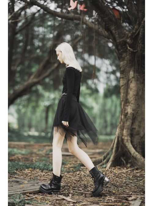 Steam Punk Female Causal Mesh Metal Buckle Irregular Hem Skirt