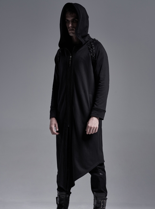 Shoulder Metal Eyelets Lace-Up Long Sleeve Slit Hem Black Punk Knitted Soft-Skin Hooded Coat