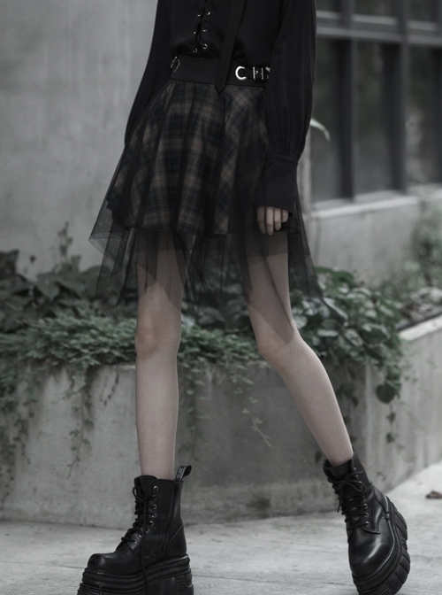 Steam Punk Female Casual Lattic Plaid Mesh Stitching Skirt