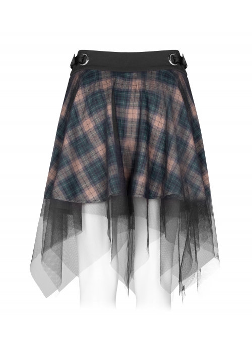 Steam Punk Female Casual Lattic Plaid Mesh Stitching Skirt