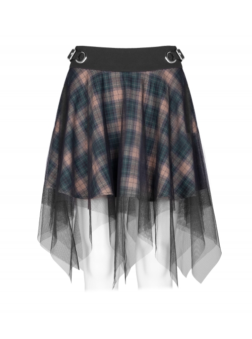 Steam Punk Female Casual Lattic Plaid Mesh Stitching Skirt