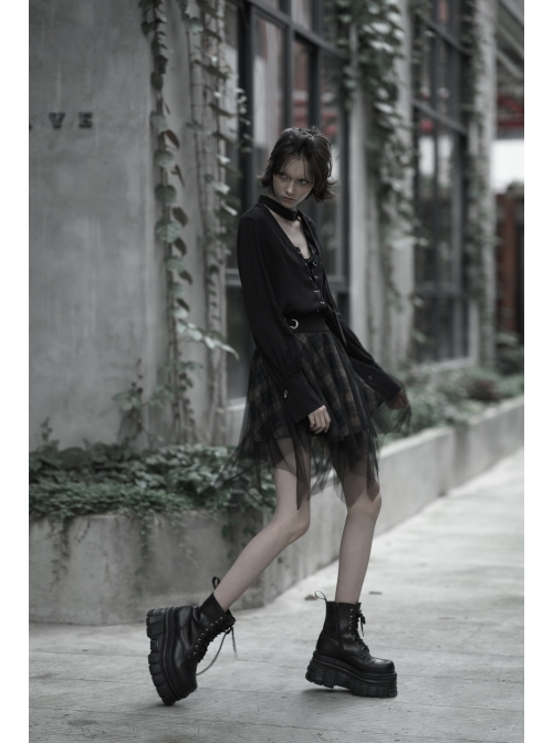 Steam Punk Female Casual Lattic Plaid Mesh Stitching Skirt