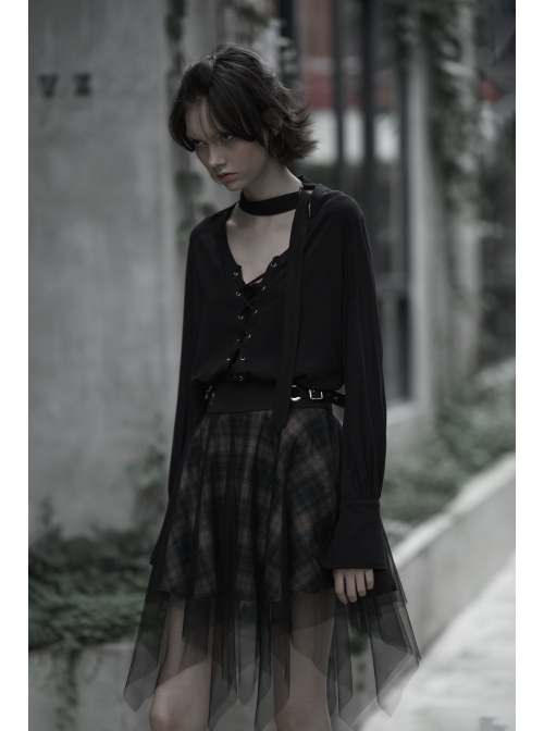 Steam Punk Female Casual Lattic Plaid Mesh Stitching Skirt