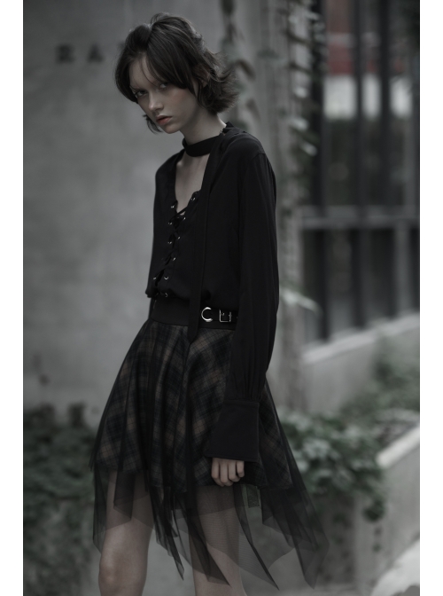 Steam Punk Female Casual Lattic Plaid Mesh Stitching Skirt