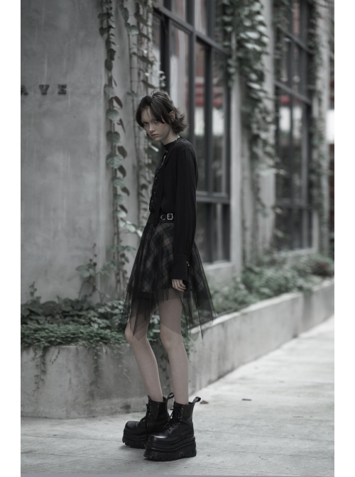 Steam Punk Female Casual Lattic Plaid Mesh Stitching Skirt