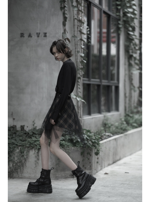 Steam Punk Female Casual Lattic Plaid Mesh Stitching Skirt