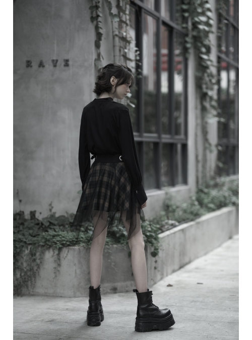 Steam Punk Female Casual Lattic Plaid Mesh Stitching Skirt