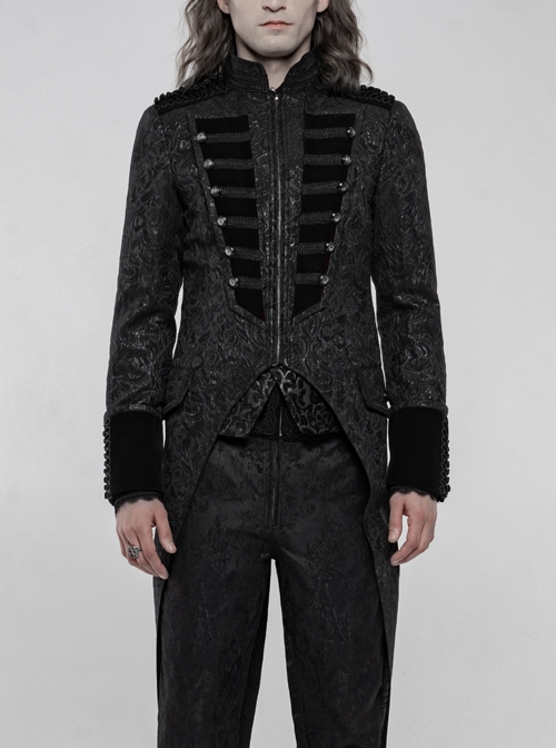 High Collar Front Chest Breasted Decoration Dovetail Hem Black Gothic Jacquard Splice Weft Velvet Coat