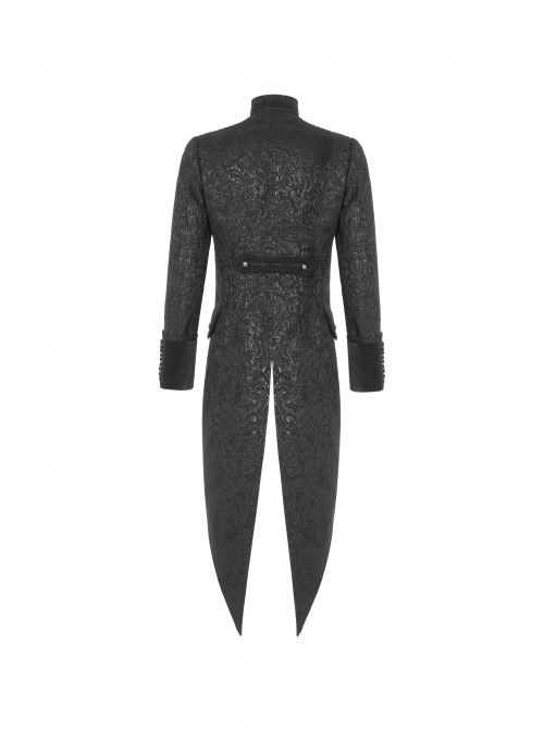 High Collar Front Chest Breasted Decoration Dovetail Hem Black Gothic Jacquard Splice Weft Velvet Coat