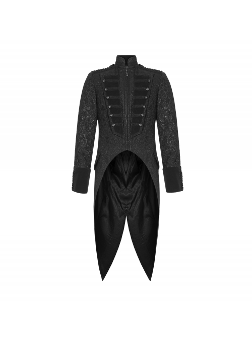 High Collar Front Chest Breasted Decoration Dovetail Hem Black Gothic Jacquard Splice Weft Velvet Coat