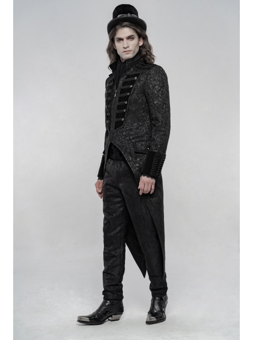High Collar Front Chest Breasted Decoration Dovetail Hem Black Gothic Jacquard Splice Weft Velvet Coat
