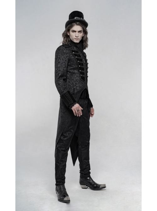 High Collar Front Chest Breasted Decoration Dovetail Hem Black Gothic Jacquard Splice Weft Velvet Coat