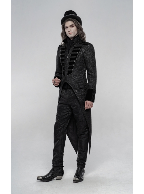 High Collar Front Chest Breasted Decoration Dovetail Hem Black Gothic Jacquard Splice Weft Velvet Coat