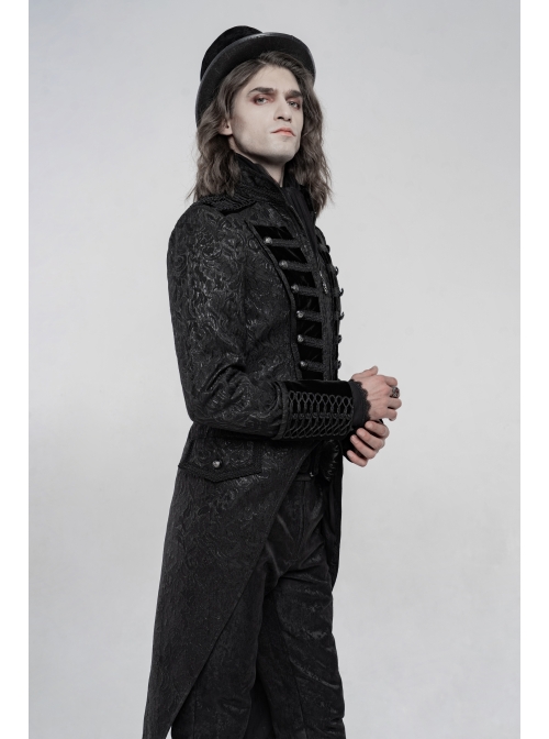 High Collar Front Chest Breasted Decoration Dovetail Hem Black Gothic Jacquard Splice Weft Velvet Coat