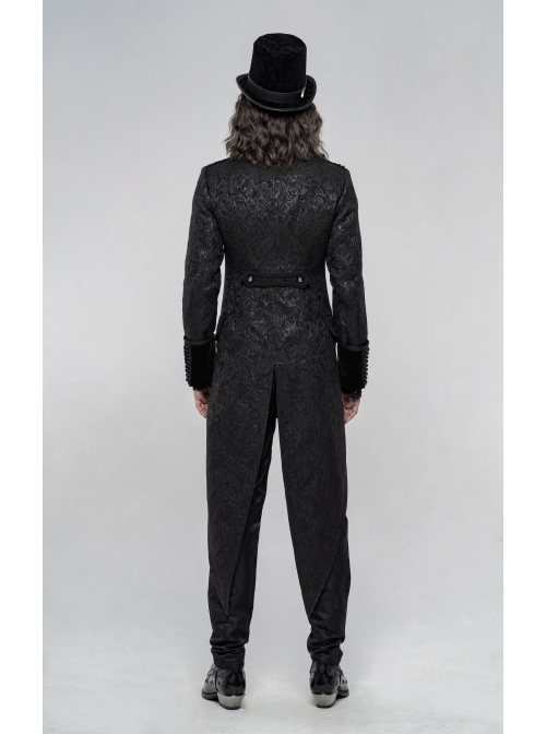 High Collar Front Chest Breasted Decoration Dovetail Hem Black Gothic Jacquard Splice Weft Velvet Coat