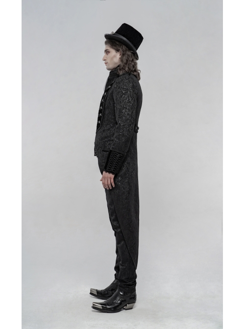 High Collar Front Chest Breasted Decoration Dovetail Hem Black Gothic Jacquard Splice Weft Velvet Coat