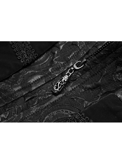 High Collar Front Chest Breasted Decoration Dovetail Hem Black Gothic Jacquard Splice Weft Velvet Coat