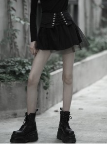 Steam Punk Female Binding Mesh Plaid High Waist Skirt