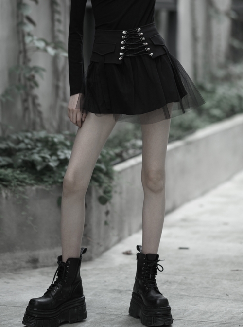 Steam Punk Female Binding Mesh Plaid High Waist Skirt