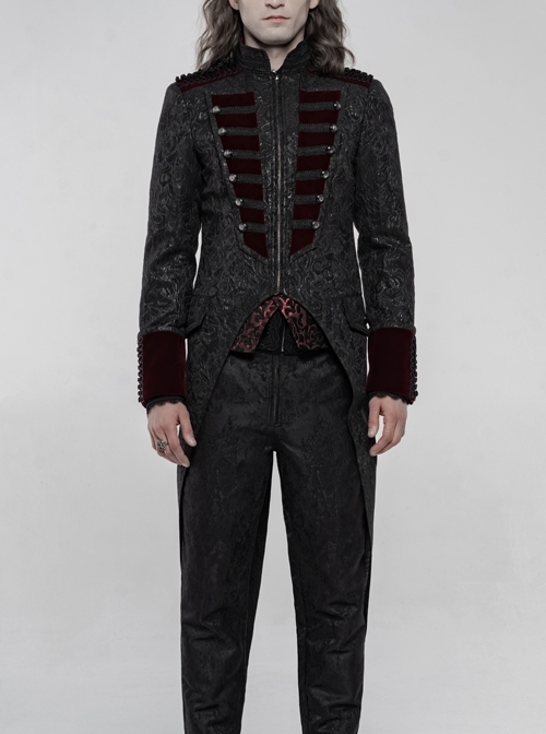 High Collar Front Chest Wine Red Breasted Decoration Dovetail Hem Black Gothic Jacquard Splice Weft Velvet Coat