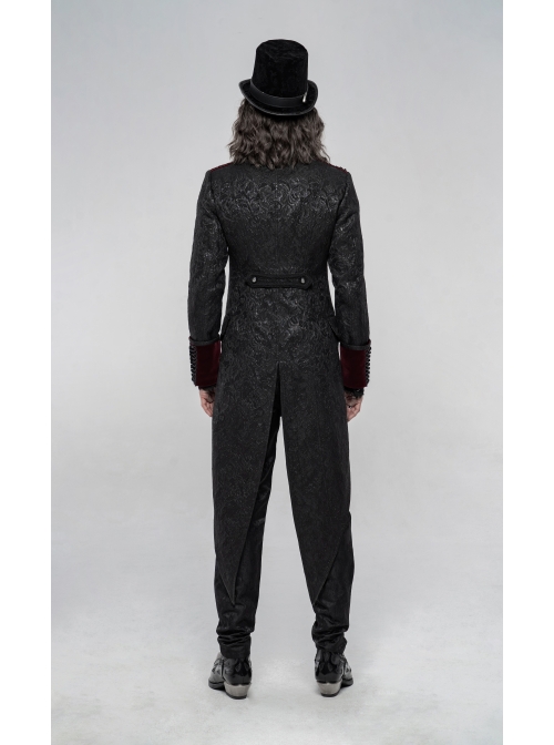 High Collar Front Chest Wine Red Breasted Decoration Dovetail Hem Black Gothic Jacquard Splice Weft Velvet Coat