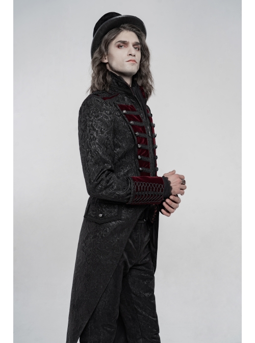 High Collar Front Chest Wine Red Breasted Decoration Dovetail Hem Black Gothic Jacquard Splice Weft Velvet Coat
