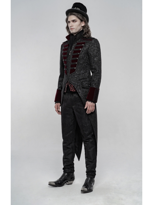 High Collar Front Chest Wine Red Breasted Decoration Dovetail Hem Black Gothic Jacquard Splice Weft Velvet Coat