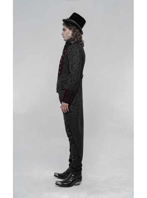 High Collar Front Chest Wine Red Breasted Decoration Dovetail Hem Black Gothic Jacquard Splice Weft Velvet Coat