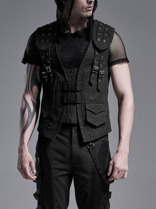 Front Zipper Metal Eyelets Strap Black Punk Vest