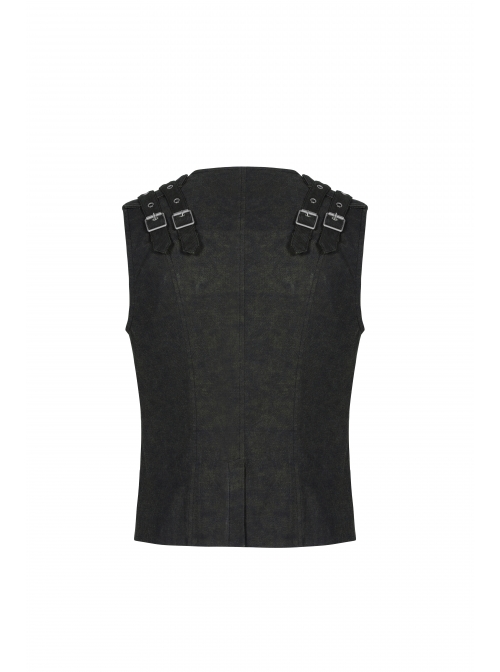 Front Zipper Metal Eyelets Strap Black Punk Vest